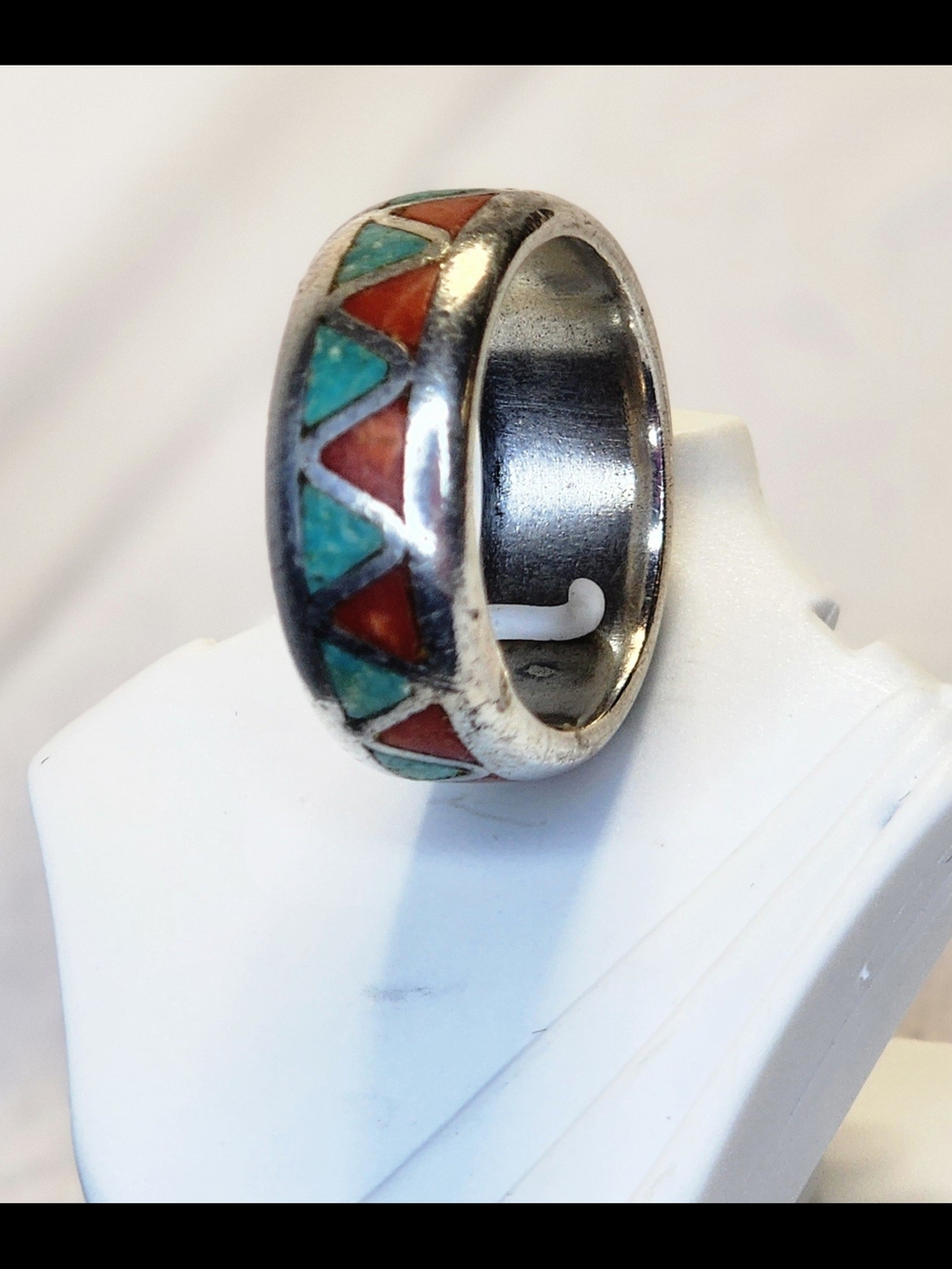 Sterling Silver Ring W/ Turquoise & Coral Triangle Inlay Sz 9.5